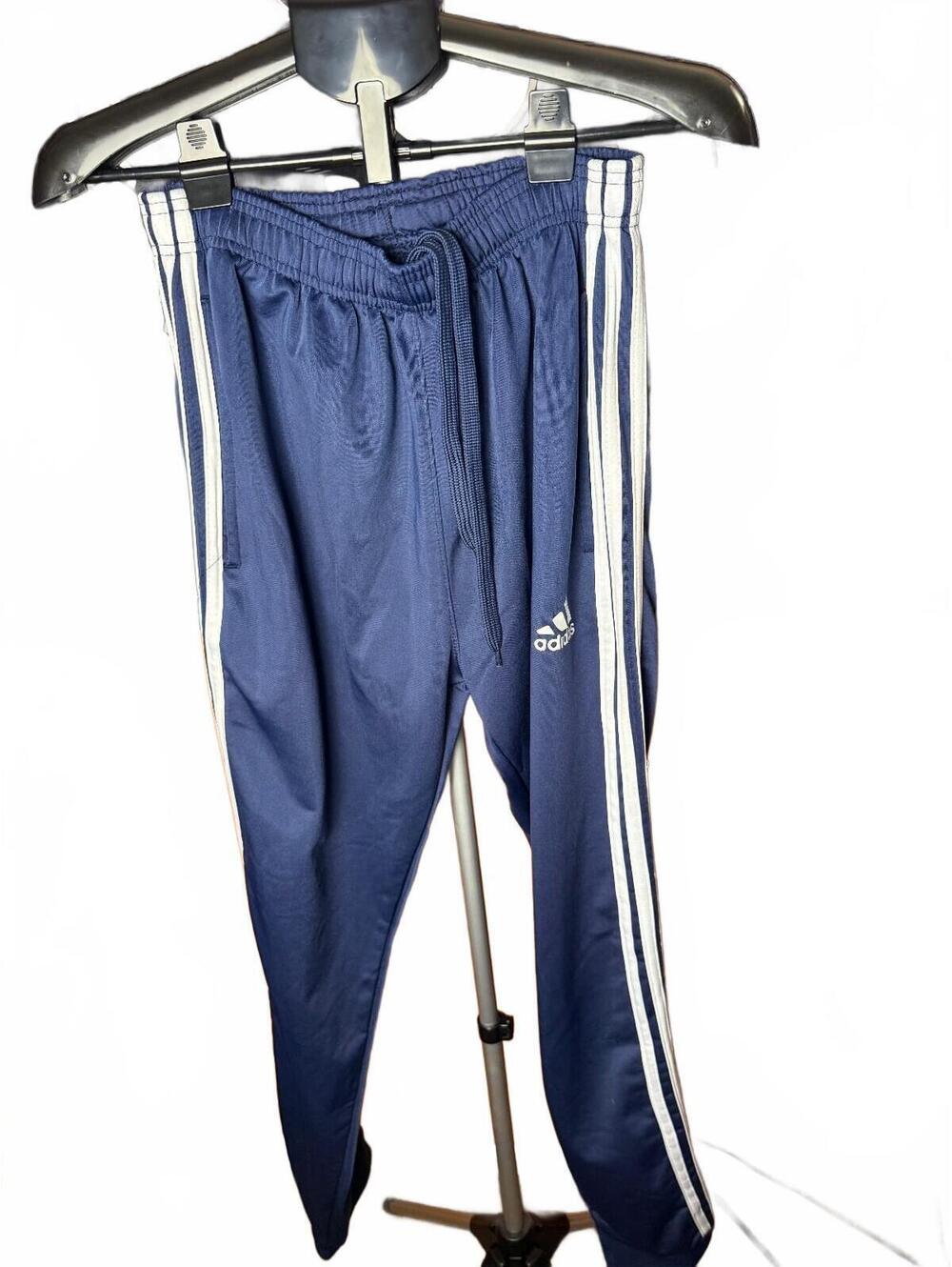 Adidas Mens Navy Blue Athletic Track Pants with White Stripes sz L